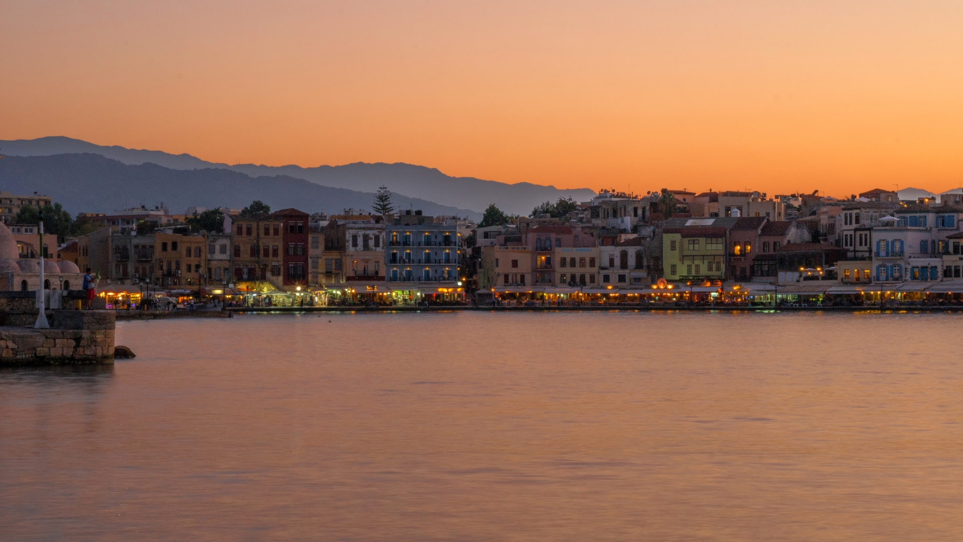 chania harbor during sunset
